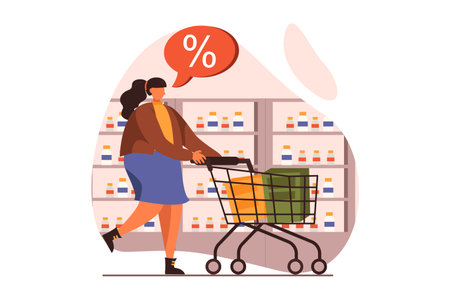 Discount store web concept in flat design. Happy woman with cart buying food and making purchases at supermarket. Smart shopping and loyalty program for clients. Vector illustration with people sceneのイラスト素材