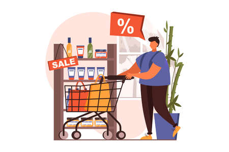 Discount store web concept in flat design. Happy man with cart buying food at supermarket at special offers. Smart shopping and loyalty program for clients. Vector illustration with people sceneのイラスト素材