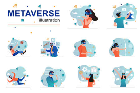 Metaverse concept with people scenes set in flat design. Men and women in VR headset using cyberspace for work, playing game, study and science. Vector illustration visual stories collection for webのイラスト素材