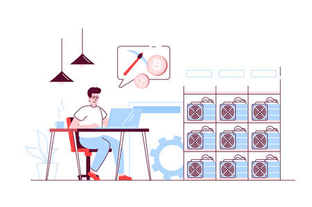 Cryptocurrency mining concept in flat line design. Man using laptop for sell and buy crypto money, creating him own farm for bitcoin mining. Vector illustration with outline people scene for webのイラスト素材