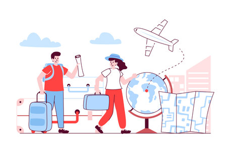 Travel vacation concept in flat line design. Man and woman with suitcases and backpack go on international plane trip. Global tourism recreation. Vector illustration with outline people scene for webのイラスト素材