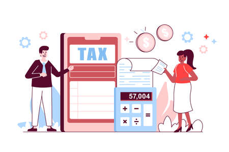 Mobile Tax filing concept in flat line design. Man and woman file tax return, declare income and maintain financial statements using mobile app. Vector illustration with outline people scene for webのイラスト素材