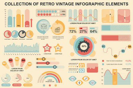 Bundle vintage infographic elements data visualization vector design template. Can be used for steps, business processes, workflow, diagram, flowchart, timeline, marketing icons, retro infographics.のイラスト素材