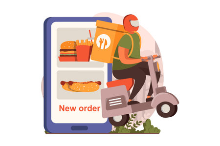 Food delivery web concept in flat design. Courier delivers bag with meal and delivering food from restaurant at scooter. Mobile app for online ordering food. Vector illustration with people sceneのイラスト素材