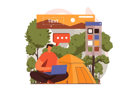 Freelance working web concept in flat design. Man designer drawing graphic elements, creates...