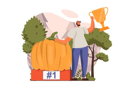 Happy competition champions web concept in flat design. Farmer standing near huge pumpking and winning first place. Victory celebration and goals achivement. Vector illustration with people sceneのイラスト素材