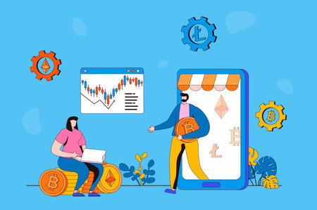 Cryptocurrency marketplace web concept in flat 2d design. Man and woman analysing financial data, trading on virtual crypto market, make operations with bitcoins. Vector illustration with people sceneのイラスト素材