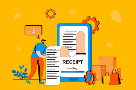 Electronic receipt web concept in flat 2d design. Man receives invoice and pays it online using mobile app on his smartphone. Banking services and transactions. Vector illustration with people sceneのイラスト素材