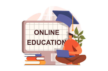 Online education web concept in flat design. Student studies remotely using laptop, reads textbooks and takes exams, watches videos and gains knowledge online. Vector illustration with people sceneのイラスト素材