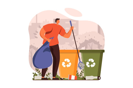 People collecting garbage web concept in flat design. Man gathering waste in bag, sorting trash into recycling bins. Volunteer cleaning nature from rubbish. Vector illustration with characters sceneのイラスト素材