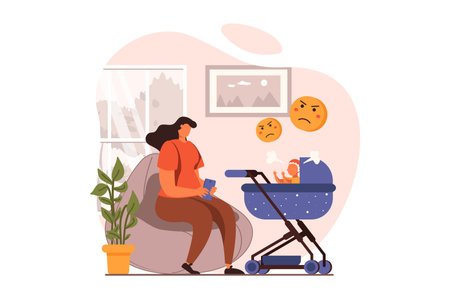 People sit in gadgets web concept in flat design. Young mother scrolling feeds in smartphone app and ignoring her angry baby in stroller. Internet addiction. Vector illustration with characters sceneのイラスト素材