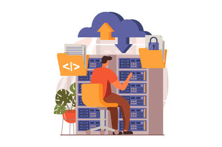 SaaS web concept in flat design. Man maintains work of data center for clients using cloud technologies. Users work with programs purchased by subscription. Vector illustration with characters sceneのイラスト素材