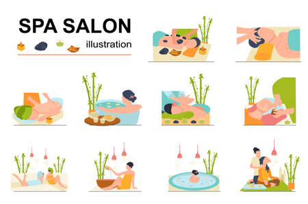 Spa salon concept with people scene set. Women relax and get back or head massage, take bath with flowers, get beauty treatments and skincare, aromatherapy. Vector illustration in flat design for webのイラスト素材