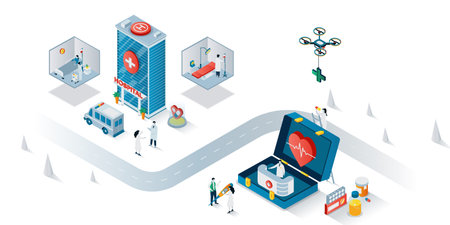 Medical center concept 3d isometric web banner. People go in clinic, receive consultation, patients lying in ward or surgery, ambulance. Vector illustration for landing page and web template designのイラスト素材