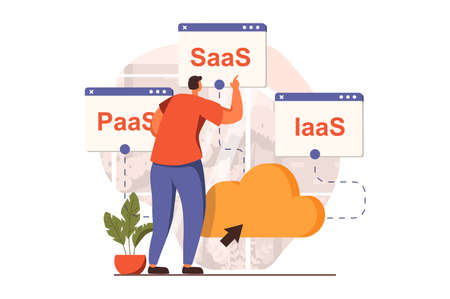 SaaS web concept in flat design. Man chooses package of programs and services to buy subscription on site. user works with cloud storage and computing. Illustration with people sceneの写真素材