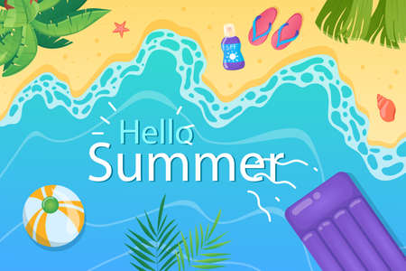 Hello summer background in flat cartoon design. Wallpaper with sandy summertime beach with sea waves, palm leaves, sunscreen, slippers, air mattress. Vector illustration for poster or banner templateのイラスト素材