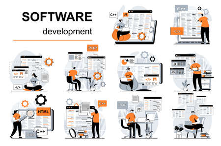 Software development concept with people scenes set in flat design. Women and men creating apps and programing, testing code, work in IT industry. Vector illustration visual stories collection for webのイラスト素材