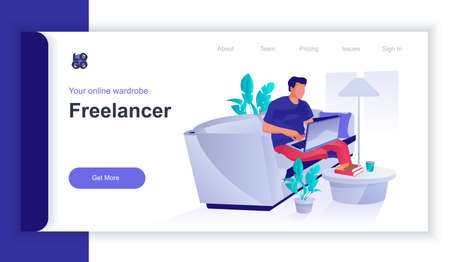 Freelancer concept 3d isometric web banner with people scene. Remote worker working on laptop at home, freelance and online business. Vector illustration for landing page and web template designのイラスト素材