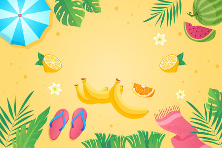 Happy summer background in flat cartoon design. Wallpaper with sandy summertime beach, palm leaves,...
