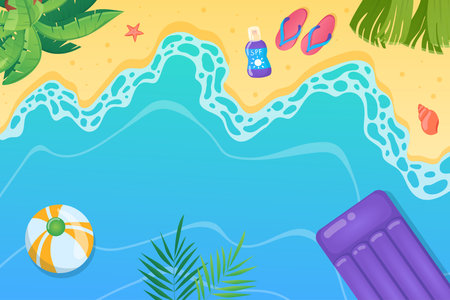Hello summer background in flat cartoon design. Wallpaper with sandy summertime beach with sea waves, palm leaves, sunscreen, slippers, air mattress. Illustration for poster or banner templateの写真素材