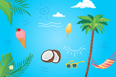Happy summer background in flat cartoon design. Wallpaper with summertime composition, palm leaves,...