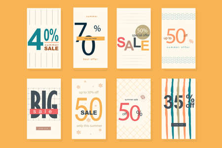 Summer sale template for social media. Vertical banners mockup for seasonal sale with modern numbers design, abstracts prints, decor elements. Collection layouts for insta story at social networkのイラスト素材