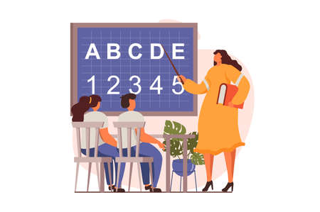 School teacher web concept in flat design. Woman points at alphabet on blackboard, classmates studying and sit at desks in class. Education and gain knowledge. Vector illustration with people sceneのイラスト素材