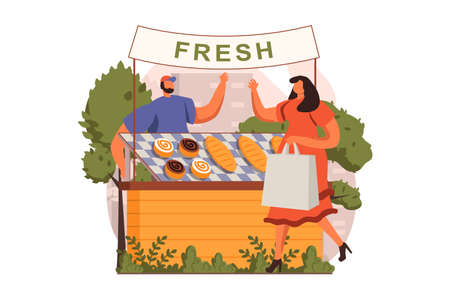Street shops web concept in flat design. Woman buying fresh bread in street bakery shop. Man baker selling pastry, cakes and other desserts in showcase kiosk. Vector illustration with people sceneのイラスト素材