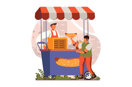 Street shops web concept in flat design. Man making hot dogs and selling snacks at street stall. Boy buying fast food in kiosk. Food court at city marketplace. Vector illustration with people sceneのイラスト素材