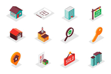 Real estate concept 3d isometric icons set. Pack isometry elements of house, architect blueprint, rent, garage, search, key, location, skyscraper and other. Vector illustration for modern web designのイラスト素材