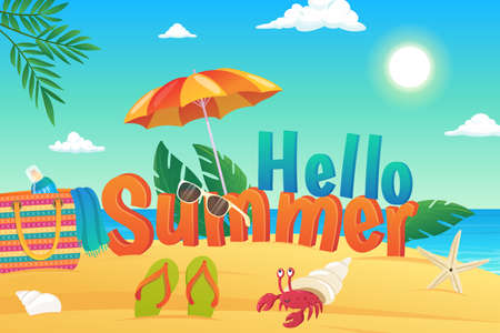 Hello summer background in flat cartoon design. Wallpaper with sea beach, sunglasses, umbrella, bag with sunscreen, crab, slippers and palm leaves. Vector illustration for poster or banner templateのイラスト素材