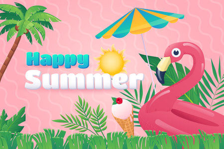 Happy summer background in flat cartoon design. Wallpaper with text and composition of umbrella, flamingo rubber ring, ice cream and frame of leaves. Vector illustration for poster or banner templateのイラスト素材