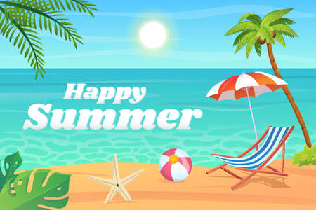 Happy summer background in flat cartoon design. Wallpaper with sea beach, blue water, lounger, umbrella, ball, starfish, palm and tropical leaves. Vector illustration for poster or banner templateのイラスト素材