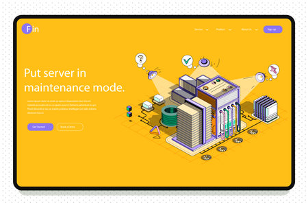 Server maintenance concept 3d isometric outline landing page. Technical support, computer hardware,...