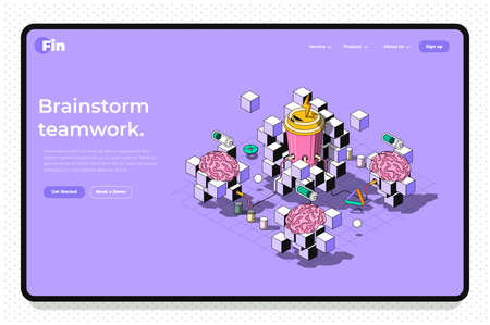 Teamwork concept 3d isometric outline landing page. Partnership and corporation, collaboration, brainstorming, leadership and development. Vector web illustration with abstract line composition.のイラスト素材