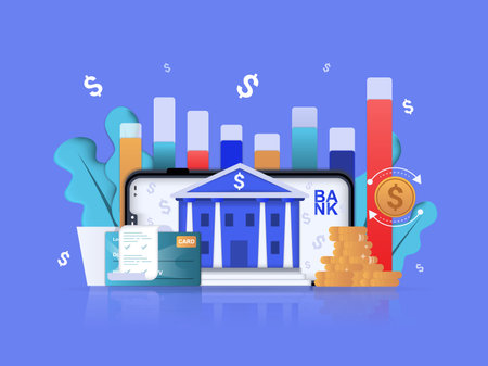 Mobile banking concept 3D illustration. Icon composition with bank services in mobile app, account...