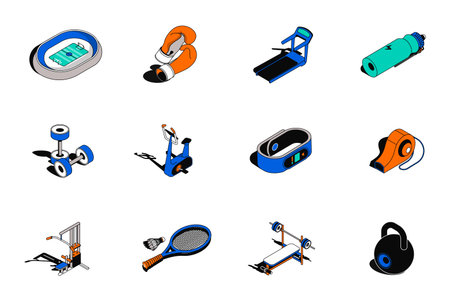 Sports 3d isometric icons set. Pack elements of stadium, boxing gloves, treadmill, bottle water,...