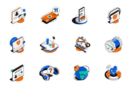 Customer support 3d isometric icons set. Pack elements of online communication with client, contact us, chat, email, call, help service, faq and other. Vector illustration in modern isometry designのイラスト素材
