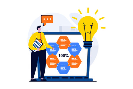 Data analysis concept with people scene in flat cartoon design. Man generates ideas for presentation at conference and working with statistics and charts. Vector illustration visual story for webのイラスト素材
