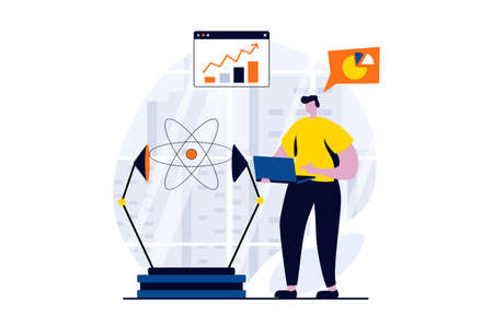 Data science concept with people scene in flat cartoon design. Scientist works with databases, analyzes graphs and makes physics experiment in laboratory. Vector illustration visual story for webのイラスト素材