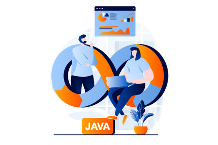 DevOps concept with people scene in flat cartoon design. Man and woman monitoring, administer and...
