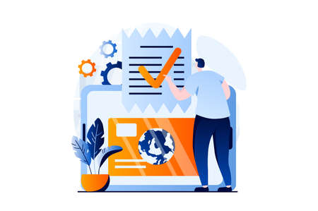 Electronic receipt concept with people scene in flat cartoon design. Man paying with digital check for purchase from credit card. Banking and money transfer. Vector illustration visual story for webのイラスト素材