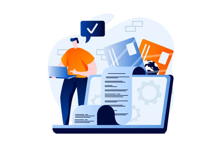 Electronic receipt concept with people scene in flat cartoon design. Man pays bills with credit cards and receives digital receipt. Banking and money transfer. Vector illustration visual story for webのイラスト素材