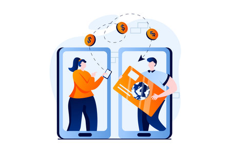 E-payment process concept with people scene in flat cartoon design. Woman transfers money to man...