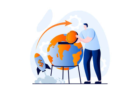 Global economic concept with people scene in flat cartoon design. Man invests money in international company and develops global business with high profits. Vector illustration visual story for webのイラスト素材