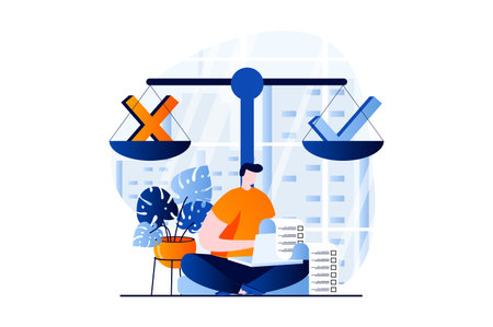 Online survey concept with people scene in flat cartoon design. Man thinks, weighs his decision and chooses between two signs of right and wrong answer. Vector illustration visual story for webのイラスト素材