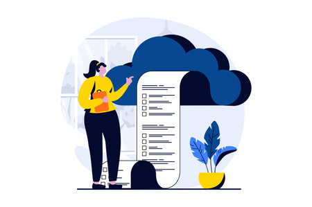 Online survey concept with people scene in flat cartoon design. Woman receives questionnaire paper form for filling and votes by choosing right options. Vector illustration visual story for webのイラスト素材