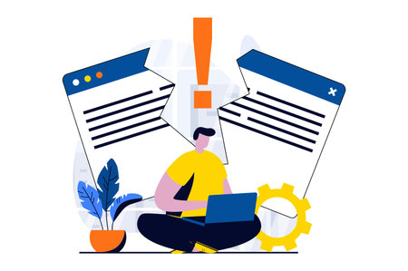 Page not found concept with people scene in flat cartoon design. Man working online on laptop and...