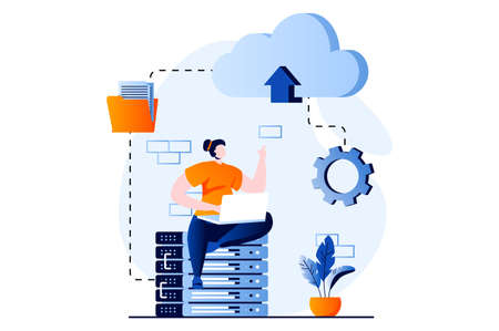 SaaS concept with people scene in flat cartoon design. Woman exchanges files and information and computing using cloud technology. Software as a service. Vector illustration visual story for webのイラスト素材