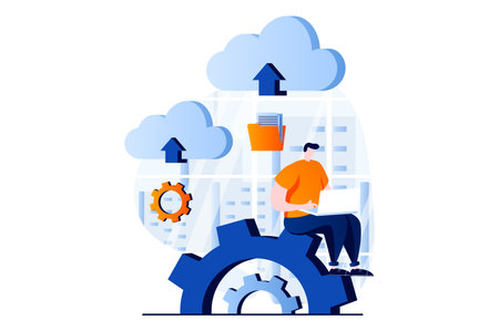 SaaS concept with people scene in flat cartoon design. Man uploading files and computing using cloud technology, programming at laptop. Software as a service. Vector illustration visual story for webのイラスト素材